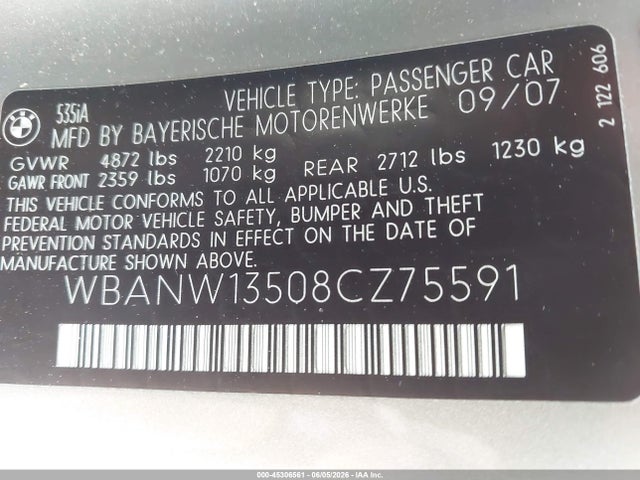 Продаж на аукціоні авто 2008 Bmw 535i, vin: WBANW13508CZ75591, номер лоту: 45306561