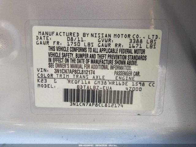 Продаж на аукціоні авто 2012 Nissan Versa 1.6 Sv, vin: 3N1CN7AP8CL812174, номер лоту: 45306563
