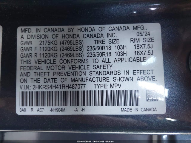 Продажа на аукционе авто 2024 Honda Cr-v Ex Awd, vin: 2HKRS4H41RH487077, номер лота: 45306565