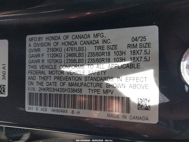 2HKRS3H43SH338458 Honda Cr-v Ex 2wd