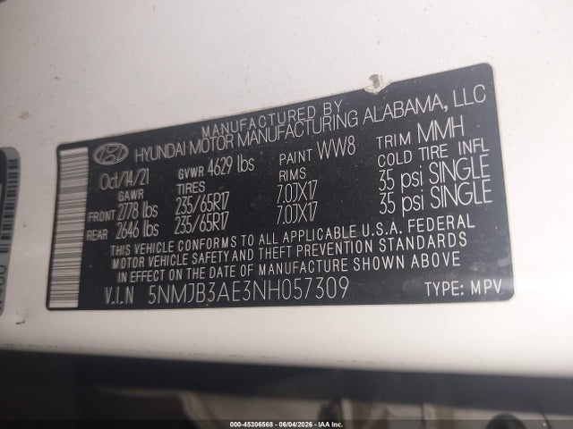 2022 Hyundai Tucson Sel მანქანა იყიდება აუქციონზე, vin: 5NMJB3AE3NH057309, აუქციონის ნომერი: 45306568