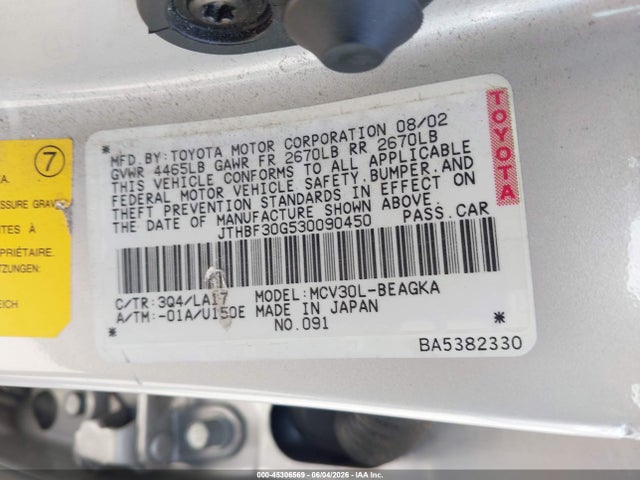 Aukcja sprzedaży 2003 Lexus Es 300, vin: JTHBF30G530090450, numer aukcji: 45306569