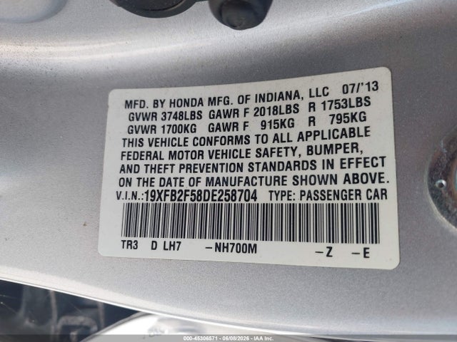 Продаж на аукціоні авто 2013 Honda Civic Lx, vin: 19XFB2F58DE258704, номер лоту: 45306571