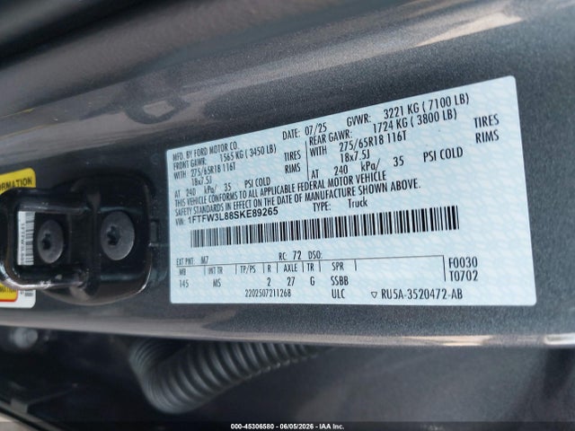 45306580 :رقم المزاد ، 1FTFW3L88SKE89265 vin ، 2025 Ford F-150 Xlt مزاد بيع