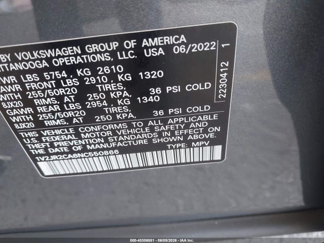 Продаж на аукціоні авто 2022 Volkswagen Atlas 3.6l V6 Se W/technology, vin: 1V2JR2CA6NC550866, номер лоту: 45306581