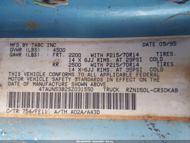 Aukcja sprzedaży 1995 Toyota Tacoma Xtracab, vin: 4TAUN53B2SZ031550, numer aukcji: 45306586