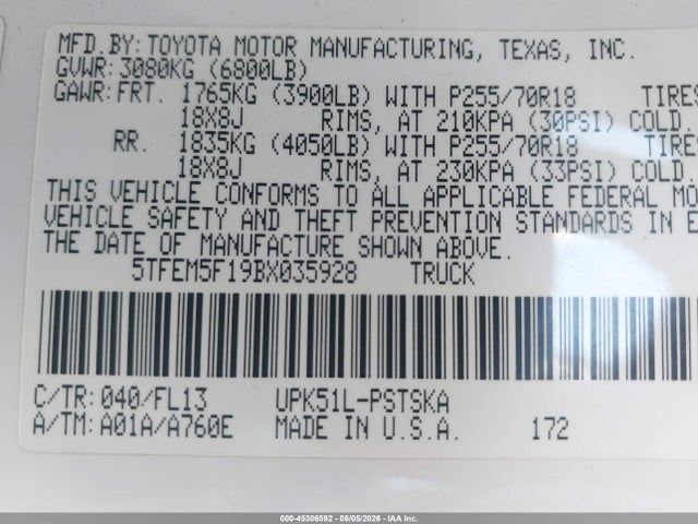 45306592 :رقم المزاد ، 5TFEM5F19BX035928 vin ، 2011 Toyota Tundra Grade 4.6l V8 مزاد بيع