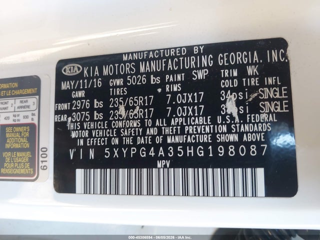 Aukcja sprzedaży 2017 Kia Sorento 2.4l Lx, vin: 5XYPG4A35HG198087, numer aukcji: 45306594
