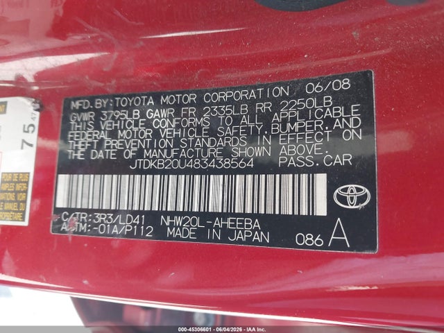 2008 Toyota Prius მანქანა იყიდება აუქციონზე, vin: JTDKB20U483438564, აუქციონის ნომერი: 45306601