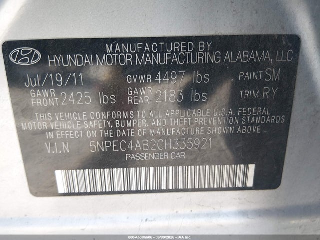 45306606 :رقم المزاد ، 5NPEC4AB2CH335921 vin ، 2012 Hyundai Sonata Limited 2.0t مزاد بيع