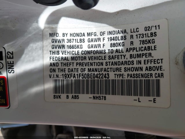 Aukcja sprzedaży 2011 Honda Civic Lx, vin: 19XFA1F50BE042243, numer aukcji: 45306608
