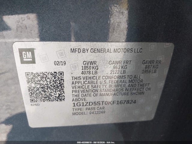 1G1ZD5ST0KF167824 Chevrolet MALIBU LT