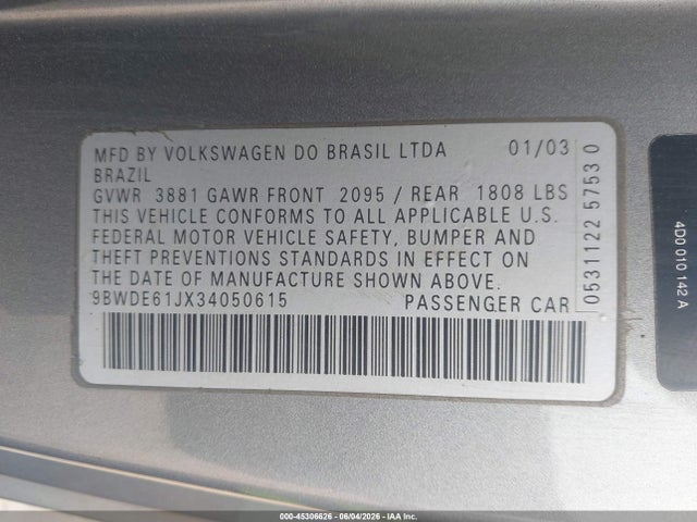 45306626 :رقم المزاد ، 9BWDE61JX34050615 vin ، 2003 Volkswagen Gti 1.8t مزاد بيع