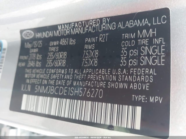 Aukcja sprzedaży 2025 Hyundai Tucson Sel, vin: 5NMJBCDE1SH576270, numer aukcji: 45306635