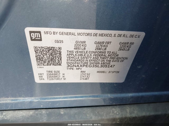 Aukcja sprzedaży 2025 Chevrolet Equinox Awd Lt, vin: 3GNAXPEG3SL305147, numer aukcji: 45306643