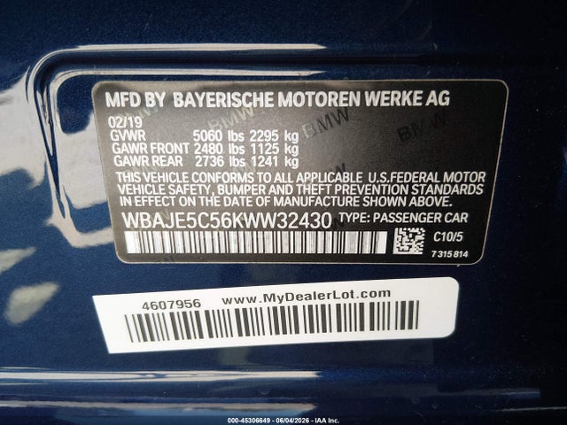 BMW 540I 2019 WBAJE5C56KWW32430 Image 9