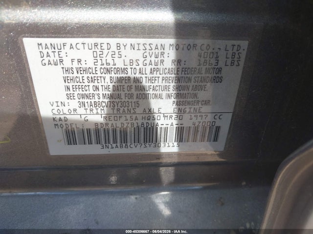 Auction sale of the 2025 Nissan Sentra Sv, vin: 3N1AB8CV7SY303115, lot number: 45306667