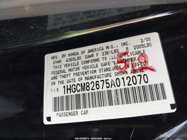 45306673 :رقم المزاد ، 1HGCM82675A012070 vin ، 2005 Honda Accord 3.0 Ex مزاد بيع