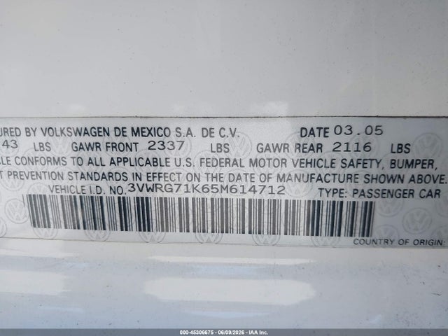 45306675 :رقم المزاد ، 3VWRG71K65M614712 vin ، 2005 Volkswagen Jetta 2.5 مزاد بيع