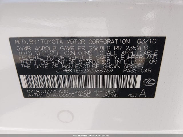 Aukcja sprzedaży 2010 Lexus Es 350, vin: JTHBK1EG2A2388769, numer aukcji: 45306678