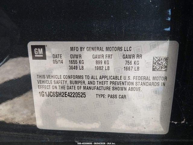45306686 :رقم المزاد ، 1G1JC6SH2E4220525 vin ، 2014 Chevrolet Sonic Lt Auto مزاد بيع