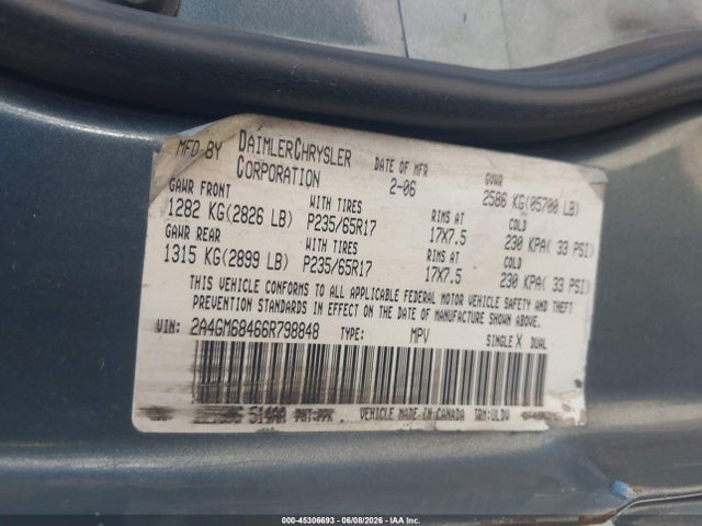 Aukcja sprzedaży 2006 Chrysler Pacifica Touring, vin: 2A4GM68466R798848, numer aukcji: 45306693