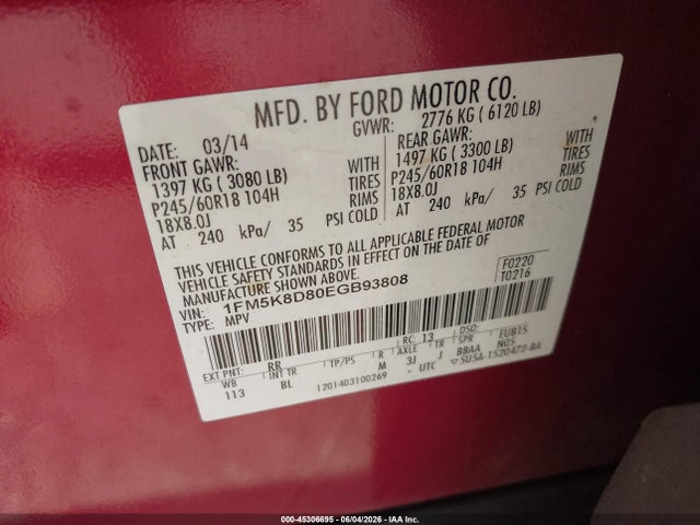 45306695 :رقم المزاد ، 1FM5K8D80EGB93808 vin ، 2014 Ford Explorer Xlt مزاد بيع