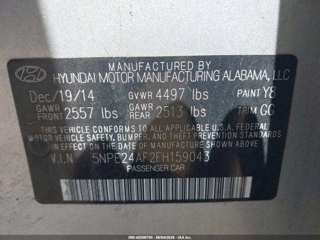 2015 Hyundai Sonata Se მანქანა იყიდება აუქციონზე, vin: 5NPE24AF2FH159043, აუქციონის ნომერი: 45306700