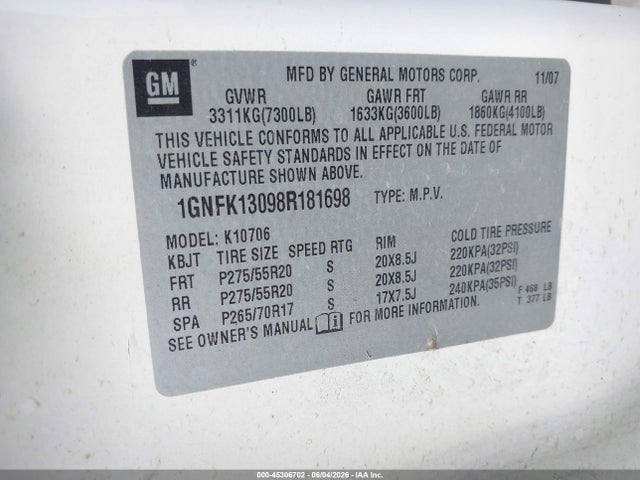 45306702 :رقم المزاد ، 1GNFK13098R181698 vin ، 2008 Chevrolet Tahoe Ltz مزاد بيع
