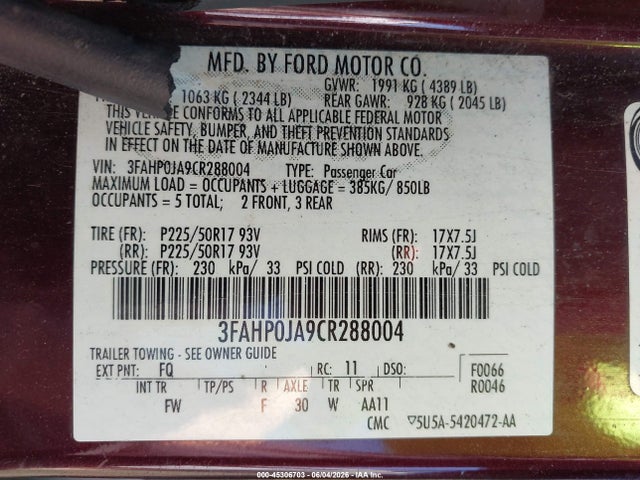 2012 Ford Fusion Sel მანქანა იყიდება აუქციონზე, vin: 3FAHP0JA9CR288004, აუქციონის ნომერი: 45306703