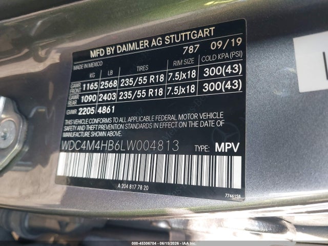 45306704 :رقم المزاد ، WDC4M4HB6LW004813 vin ، 2020 Mercedes-benz Glb 250 4matic مزاد بيع