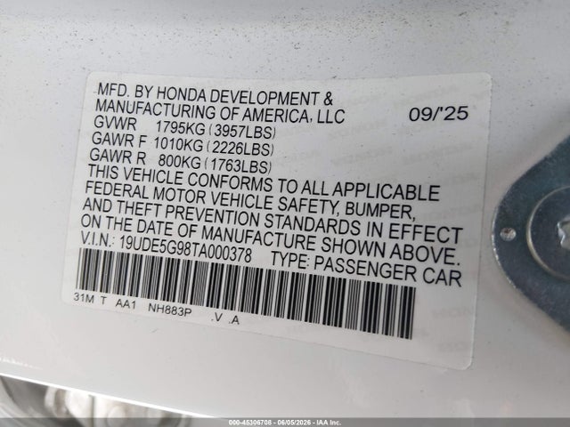 Продаж на аукціоні авто 2026 Acura Integra Fwd Type S, vin: 19UDE5G98TA000378, номер лоту: 45306708