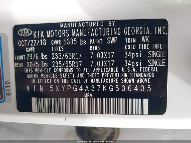 KIA Sorento 2.4l Lx 2019 5XYPG4A37KG536435 Image 9