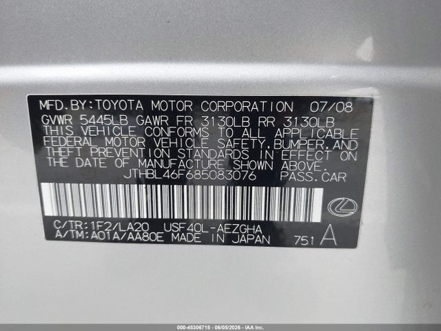 Aukcja sprzedaży 2008 Lexus Ls 460, vin: JTHBL46F685083076, numer aukcji: 45306715