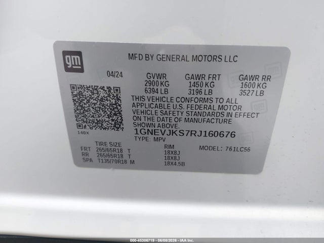 45306719 :رقم المزاد ، 1GNEVJKS7RJ160676 vin ، 2024 Chevrolet Traverse Awd Z71 مزاد بيع