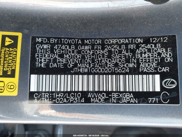 Продажа на аукционе авто 2013 Lexus Es 300h, vin: JTHBW1GG0D2015624, номер лота: 45306724