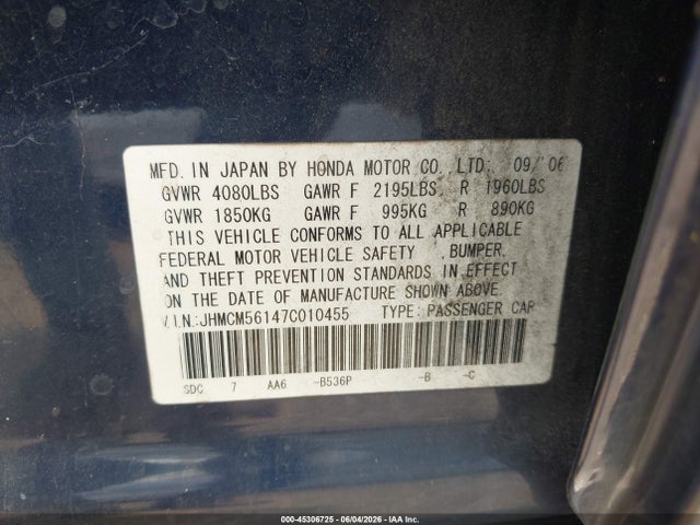 2007 Honda Accord 2.4 Vp მანქანა იყიდება აუქციონზე, vin: JHMCM56147C010455, აუქციონის ნომერი: 45306725