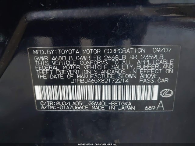 Продаж на аукціоні авто 2008 Lexus Es 350, vin: JTHBJ46GX82172214, номер лоту: 45306741