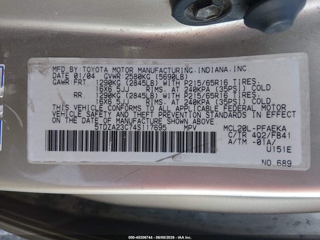 Продаж на аукціоні авто 2004 Toyota Sienna Le, vin: 5TDZA23C74S117695, номер лоту: 45306744