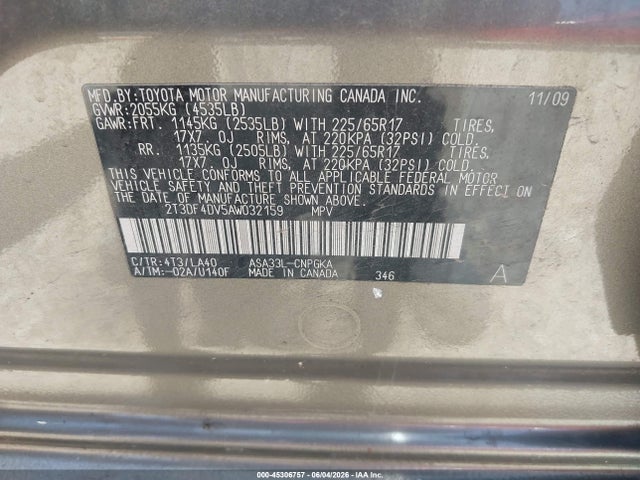 45306757 :رقم المزاد ، 2T3DF4DV5AW032159 vin ، 2010 Toyota Rav4 Limited مزاد بيع