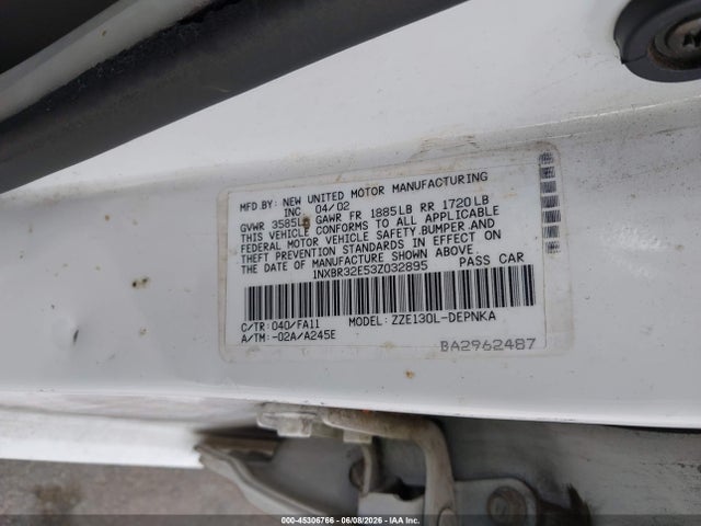 45306766 :رقم المزاد ، 1NXBR32E53Z032895 vin ، 2003 Toyota Corolla Le مزاد بيع