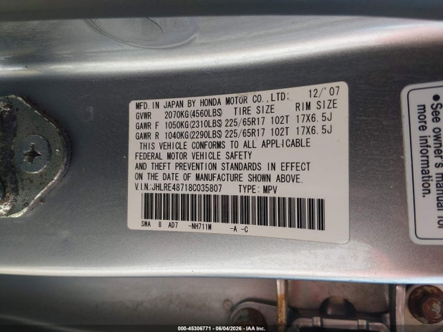 Продаж на аукціоні авто 2008 Honda Cr-v Ex-l, vin: JHLRE48718C035807, номер лоту: 45306771