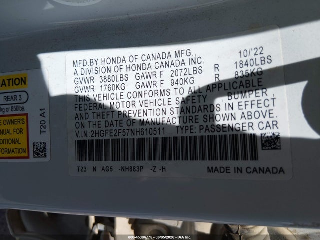 Honda Civic Sport 2022 2HGFE2F57NH610511 Image 9