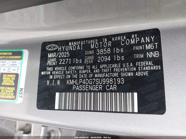 Продаж на аукціоні авто 2025 Hyundai Elantra Limited, vin: KMHLP4DG7SU998193, номер лоту: 45306782