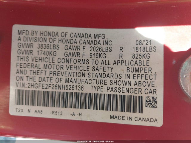 Honda Civic Lx 2022 2HGFE2F26NH526136 Image 9