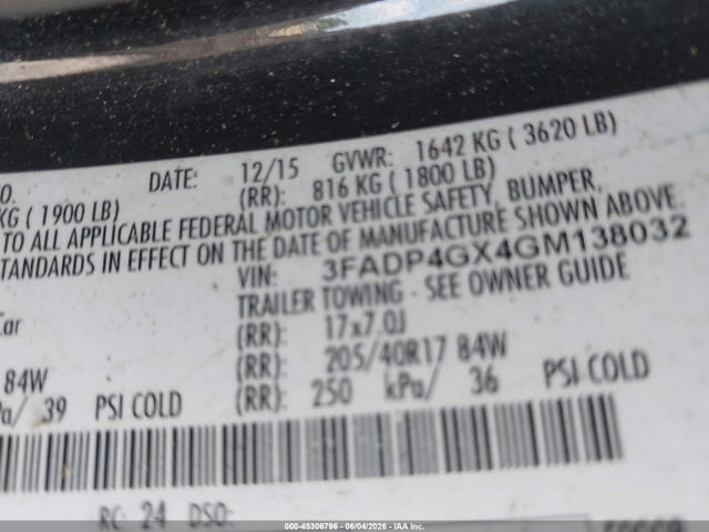 2016 Ford Fiesta St მანქანა იყიდება აუქციონზე, vin: 3FADP4GX4GM138032, აუქციონის ნომერი: 45306796
