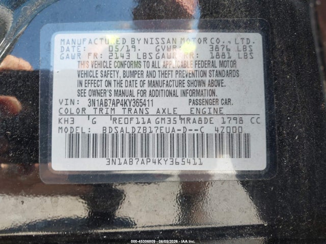 Продаж на аукціоні авто 2019 Nissan Sentra Sv, vin: 3N1AB7AP4KY365411, номер лоту: 45306809