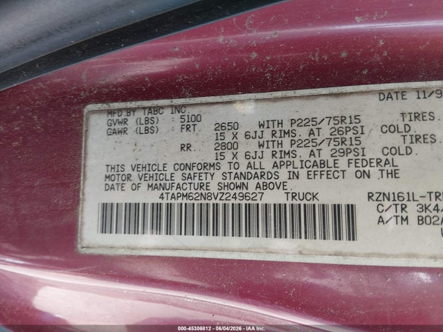 Auction sale of the 1997 Toyota Tacoma, vin: 4TAPM62N8VZ249627, lot number: 45306812