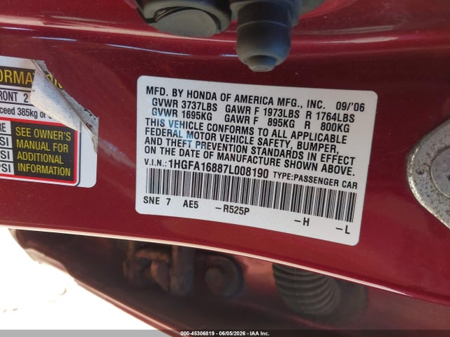 Продажа на аукционе авто 2007 Honda Civic Ex, vin: 1HGFA16887L008190, номер лота: 45306819