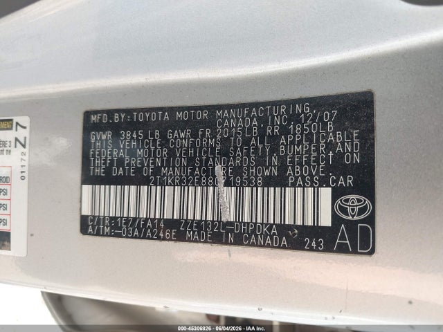 Продажа на аукционе авто 2008 Toyota Matrix, vin: 2T1KR32E88C719538, номер лота: 45306826